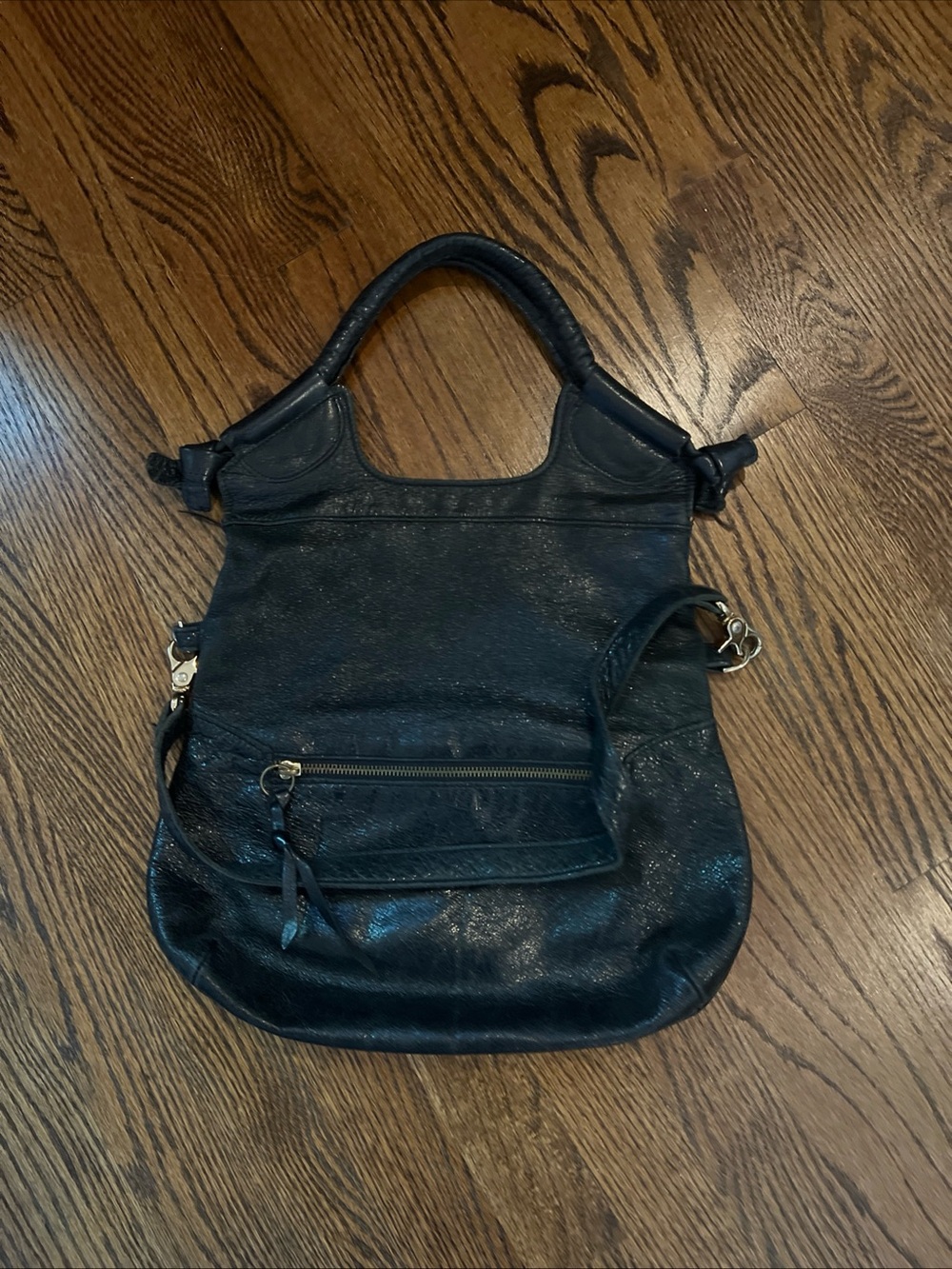 Anna Corinna Black Leather Mid City  Fold Over Tote Satchel